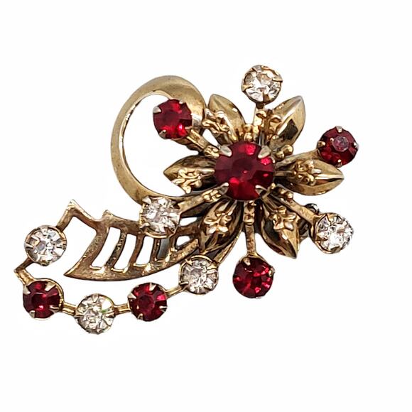 Vintage Gold Tone Floral Brooch Red Clear Stones Fleur-de-lis Statement No Mark - Picture 5 of 7